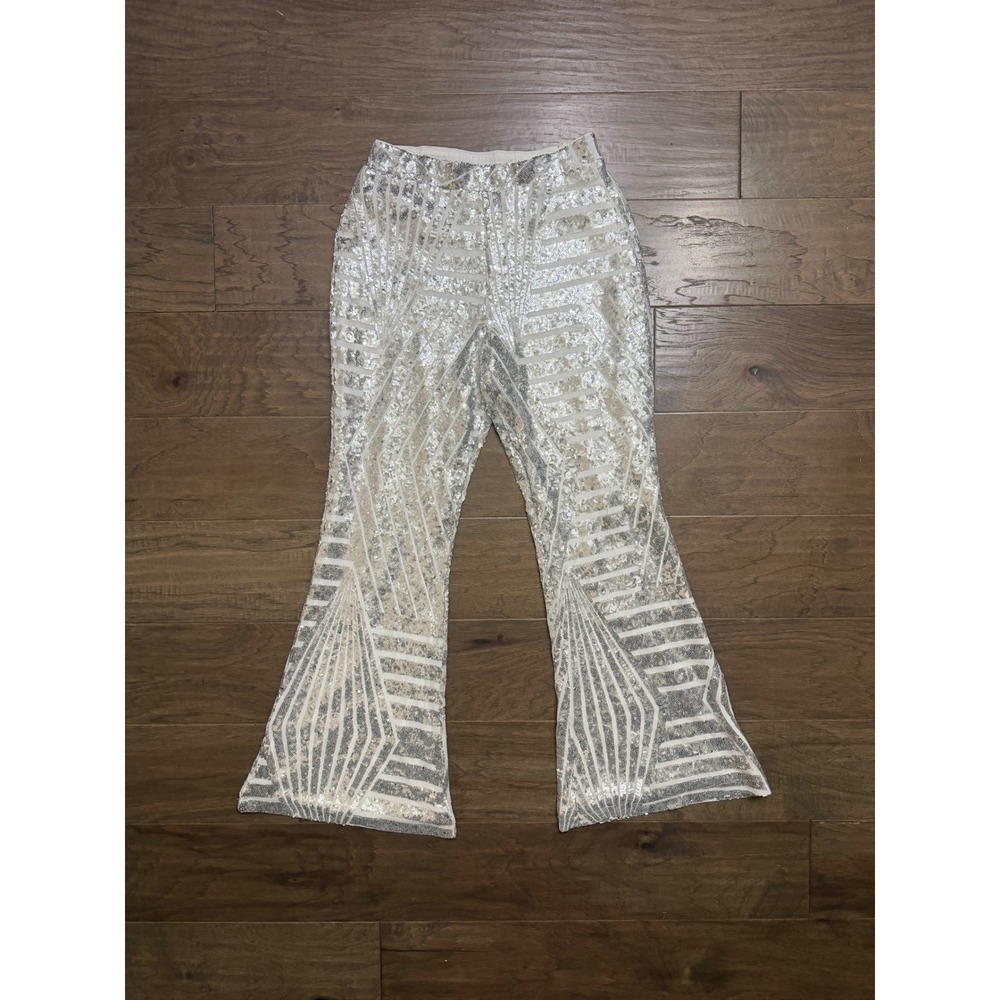 Unbranded Sequin Flare Pants Women L Silver White Geometric Disco Bell Bottom